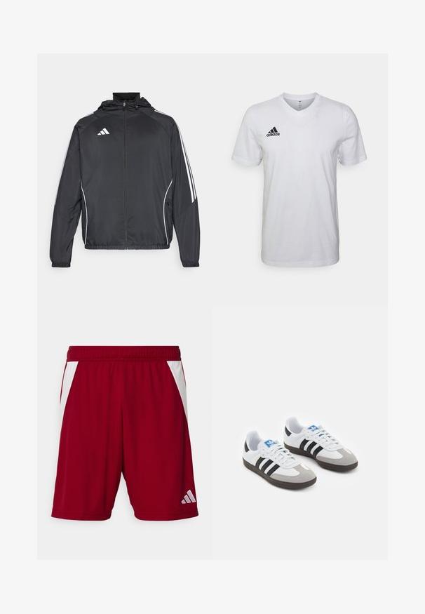 Schwarze Sportjacke mit Kapuze, ausgestattet mit weißen Streifen an den Ärmeln und einem Reißverschluss vorne. Hergestellt aus einem glatten, leichten Stoff.; Weißes Baumwoll-T-Shirt mit V-Ausschnitt, kurzen Ärmeln und einem schwarzen Adidas-Logo auf der linken Brust. Einfaches und leichtes Design.; Rote sportliche Shorts mit glatter Textur, weißen Seitenelementen, einem elastischen Bund und einem reflektierenden Markenlogo unten rechts.; Sportschuhe mit einem Obermaterial aus weißem Leder, grauer Wildleder-Zehenkappe und drei schwarzen Streifen. Sie verfügen über ein blaues Logo auf der Zunge und eine strukturierte Gummisohle.