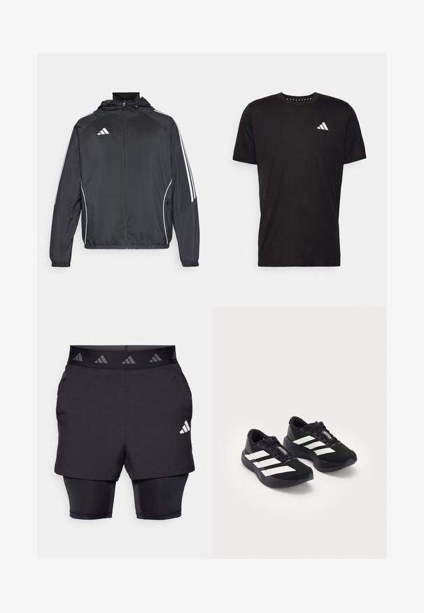 Zwarte sportjack met capuchon, voorzien van witte strepen langs de mouwen en een ritssluiting aan de voorkant. Gemaakt van een gladde, luchtige stof.; Zwarte katoenen t-shirt met korte mouwen, ronde hals en een wit logo op de linkerkant van de borst. Gladde textuur en eenvoudig ontwerp.; Zwarte sportshorts met een binnenlaag. Textuurstof op de buitenste shorts, voorzien van een patroon in de elastische tailleband en een logo-accent.; Een paar zwarte Adidas Adizero hardloopschoenen met witte strepen en veters op een witte achtergrond, zij aan zij gepositioneerd.