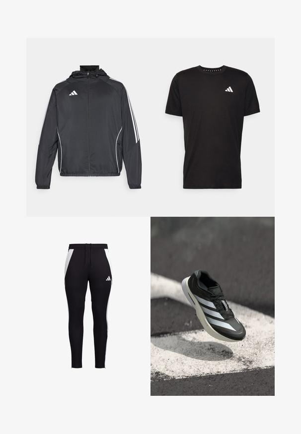 Schwarze Sportjacke mit Kapuze, ausgestattet mit weißen Streifen an den Ärmeln und einem Reißverschluss vorne. Hergestellt aus einem glatten, leichten Stoff.; Schwarzes Baumwoll-T-Shirt mit kurzen Ärmeln, Rundhalsausschnitt und einem weißen Logo auf der linken Brust. Glatte Textur und einfaches Design.; Schwarze Sporthosen mit weißen Seiteneinsätzen, schlanker Schnitt, elastischer Bund mit Kordelzug und einem kleinen weißen Logo am unteren linken Bein.; Schwarzer Sportschuh mit drei weißen Streifen, strukturiertem Obermaterial, schlankem Design und krummer Sohle, über einer weißen Linie auf Asphalt positioniert.