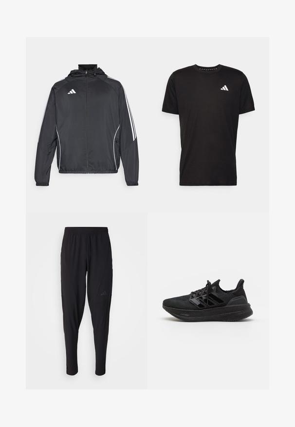 Veste de sport noire avec capuche, présentant des bandes blanches le long des manches et un devant zippé. Fabriquée en tissu léger et lisse.; T-shirt en coton noir à manches courtes, décolleté rond et logo blanc sur la poitrine gauche. Texture lisse et design simple.; Pantalons de sport noirs avec une taille élastique, design fuselé, poches latérales et détail de logo subtil. Fabriqués en tissu flexible et respirant.; Chaussures de sport noires avec une tige en tricot texturé, trois bandes brillantes, semelle en mousse légère et talon renforcé. Présente un design à lacets.