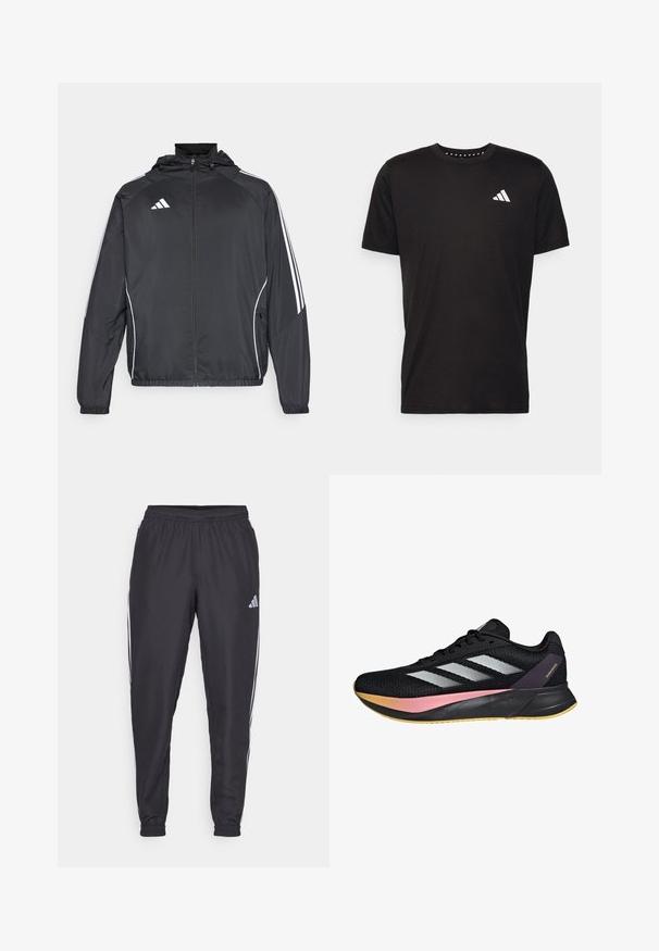 Giacca atletica nera con cappuccio, caratterizzata da strisce bianche lungo le maniche e chiusura con zip frontale. Realizzata in un tessuto liscio e leggero.; T-shirt in cotone nero con maniche corte, scollo rotondo e logo bianco sul lato sinistro del petto. Texture liscia e design semplice.; Pantaloni sportivi neri con cintura elastica, dotati di strisce bianche lungo i lati e un piccolo logo sull'anca. Tessuto liscio.; adidas Performance DURAMO SL M - Scarpe da corsa su strada - core black metalic spark