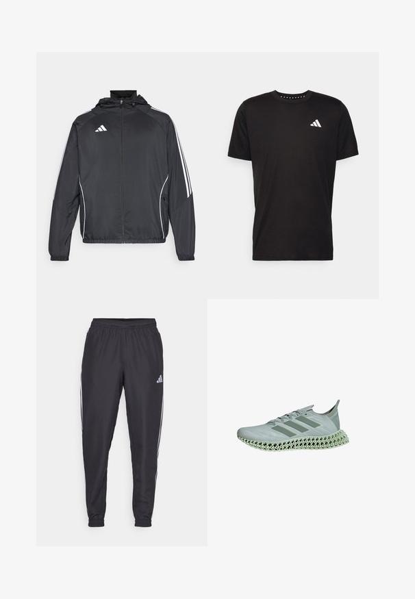 Veste de sport noire avec capuche, présentant des bandes blanches le long des manches et un devant zippé. Fabriquée en tissu léger et lisse.; T-shirt en coton noir à manches courtes, décolleté rond et logo blanc sur la poitrine gauche. Texture lisse et design simple.; Pantalons de sport noirs avec une taille élastique, présentant des rayures blanches sur les côtés et un petit logo sur la hanche. Texture lisse.; Baskets de course gris clair avec une tige texturée, trois bandes en relief et un semelle intermédiaire en lattice imprimée en 3D distinctif.