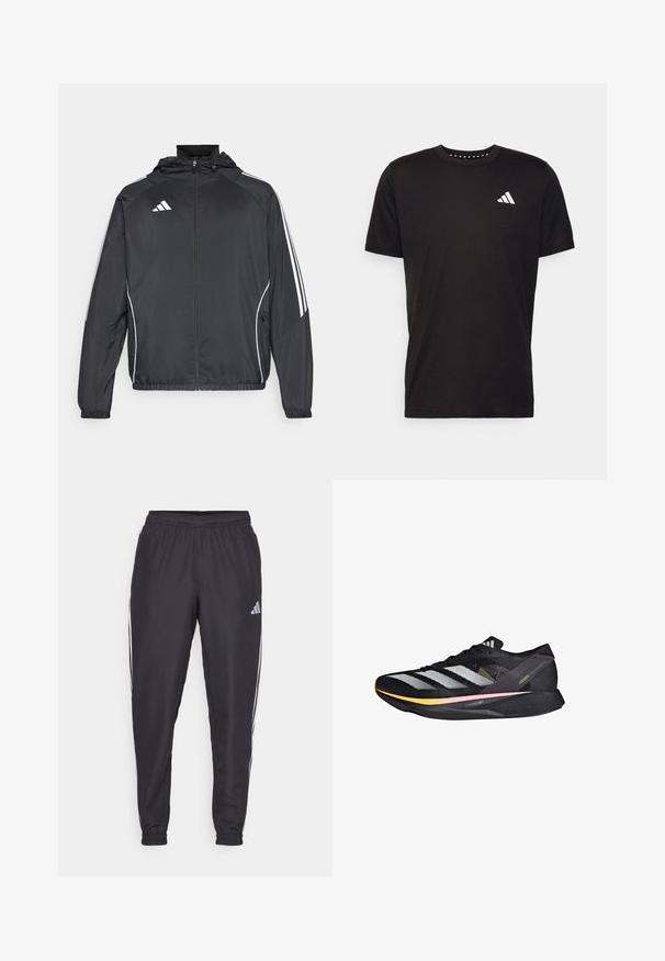 Musta urheilu takki hupulla, jossa on valkoiset raidat hihoissa ja vetoketjuzulu etupuolella. Valmistettu sileästä, kevyestä kankaasta.; Musta puuvillapaita lyhyillä hihoilla, pyöreä pääntie ja valkoinen logo vasemmassa rinnassa. Sujuva rakenne ja yksinkertainen muotoilu.; Mustat urheiluhousut elastisella vyötäröllä, joissa on valkoiset raidat sivuilla ja pieni logo lantion kohdalla. Sileä materiaali.; adidas Performance ADIZERO TAKUMI SEN 10 - Katujuoksukengät - core black metalic spark