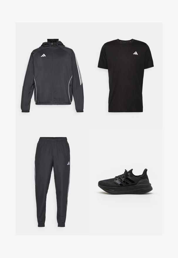 Melnā sporta jaka ar kapuci, ar baltām svītrām pa piedurknēm un ar rāvējslēdzēju priekšpusē. Izgatavota no gludas, vieglas auduma.; Melna kokvilnas t-krekls ar īsām piedurknēm, apaļu dekoltē un balto logo uz kreisā krūts. Gluda tekstūra un vienkāršs dizains.; Melni sporta bikses ar elastīgu jostu, kurām abās pusēs ir baltas svītras un maza logo uz gurniem. Gluda tekstūra.; Melni sporta apavi ar teksturētu adījumu augšdaļu, trim spīdīgām svītrām, vieglu putu zoli un pastiprinātu papēdi. Iespējas ar auklām.