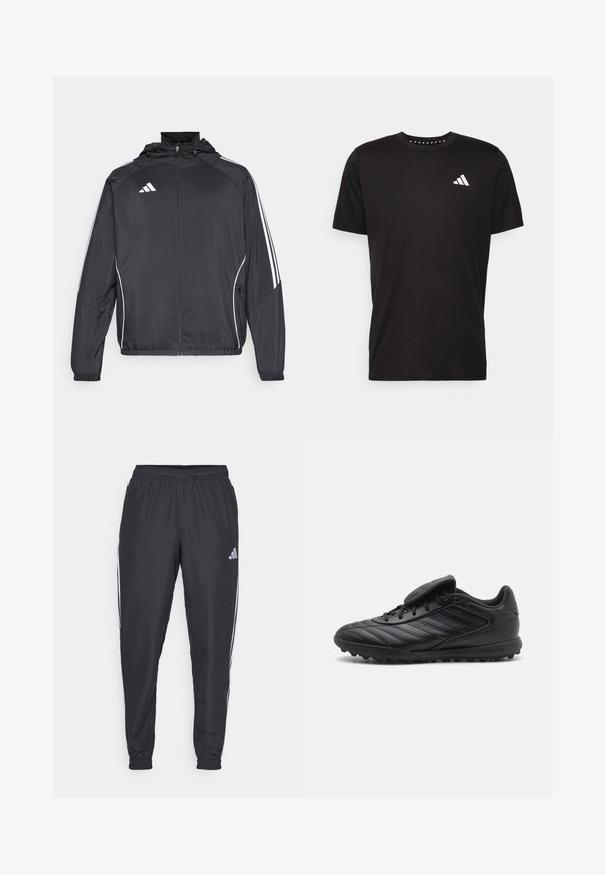 Must värvi sportlik jakk kapuutsiga, millel on valged triibud varrukatel ja lukuga esiosa. Valmistatud siledast, kergest kangast.; Must must ka t-särk lühikeste varrukatega, ümmarguse kaelusega ja valge logoga vasakul rinnal. Sile tekstuur ja lihtne disain.; Mustad musthantsihed, millel on elastne vöökoht, valgete triipudega külgedel ja väike logo puusal. Sujuv tekstuur.; Mustad mustree jalgpallijalatsid mustast sünteetilisest materjalist, millel on tekstuuriga ülemine osa, nööride sulgemine, pehmendatud keel ja kummist konksudega välistald haakumise tagamiseks.