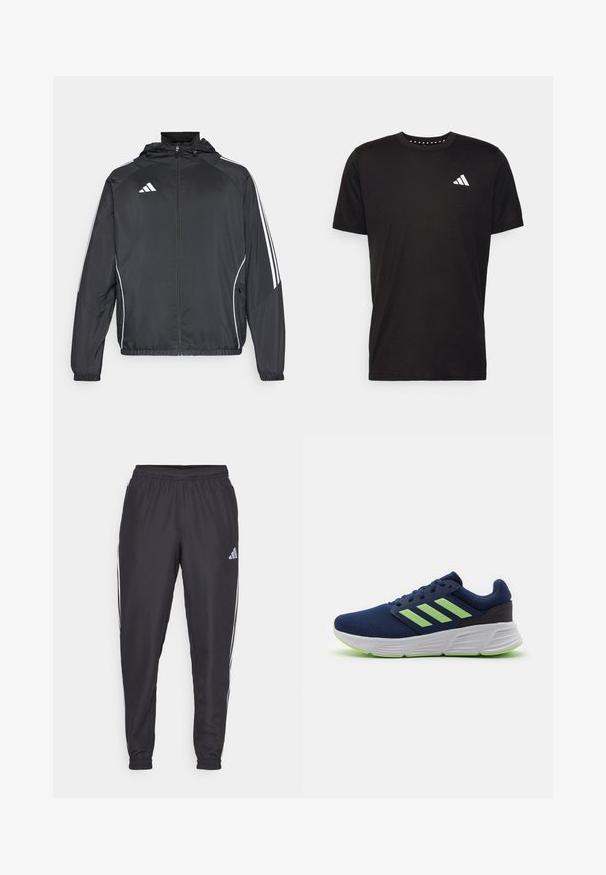 Veste de sport noire avec capuche, présentant des bandes blanches le long des manches et un devant zippé. Fabriquée en tissu léger et lisse.; T-shirt en coton noir à manches courtes, décolleté rond et logo blanc sur la poitrine gauche. Texture lisse et design simple.; Pantalons de sport noirs avec une taille élastique, présentant des rayures blanches sur les côtés et un petit logo sur la hanche. Texture lisse.; Baskets de course en maille bleu marine avec des accents verts, trois rayures blanches, semelle rembourrée et dessus texturé pour la respirabilité et le soutien.