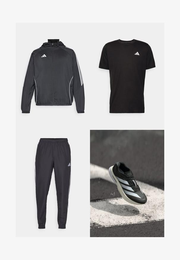 Czarna sportowa kurtka z kapturem, z białymi paskami wzdłuż rękawów i zasuwanym przodem. Wykonana z gładkiego, lekkiego materiału.; Czarna bawełniana koszulka z krótkim rękawem, okrągłym dekoltem i białym logo na lewej piersi. Gładka tekstura i prosty design.; Czarne spodnie sportowe z elastycznym paskiem w talii, z białymi paskami po bokach i małym logo na biodrze. Gładka faktura.; Czarny but sportowy z trzema białymi paskami, teksturowana cholewka, smukły design i zakrzywiona podeszwa, umieszczony nad białą linią na asfalcie.