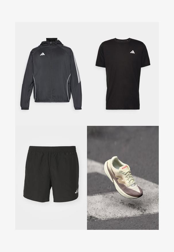 Chaqueta atlética negra con capucha, con rayas blancas a lo largo de las mangas y un cierre frontal con cremallera. Hecha de un tejido suave y ligero.; Camiseta de algodón negra con mangas cortas, cuello redondo y un logo blanco en el lado izquierdo del pecho. Textura suave y diseño sencillo.; Pantalones cortos deportivos negros con cintura elástica, aberturas laterales y acentos de logo reflectantes. Hechos de una tela liviana y suave.; Zapatilla deportiva ligera con una parte superior color crema y acentos marrones, que presenta una superficie texturizada, cordones y un logotipo prominente en el costado.
