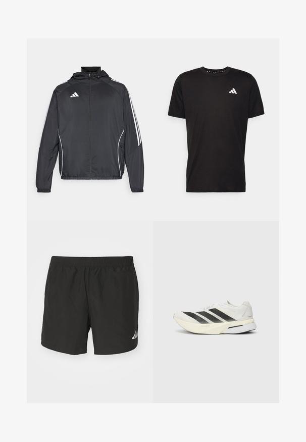 Veste de sport noire avec capuche, présentant des bandes blanches le long des manches et un devant zippé. Fabriquée en tissu léger et lisse.; T-shirt en coton noir à manches courtes, décolleté rond et logo blanc sur la poitrine gauche. Texture lisse et design simple.; Shorts de sport noirs avec une taille élastique, des fentes sur les côtés et des accents de logo réfléchissants. Fabriqués en tissu léger et lisse.; Chaussure de sport blanche avec des rayures noires, dessus en maille légère, bout rond et semelle rembourrée portant la mention "Lightstrike Pro".