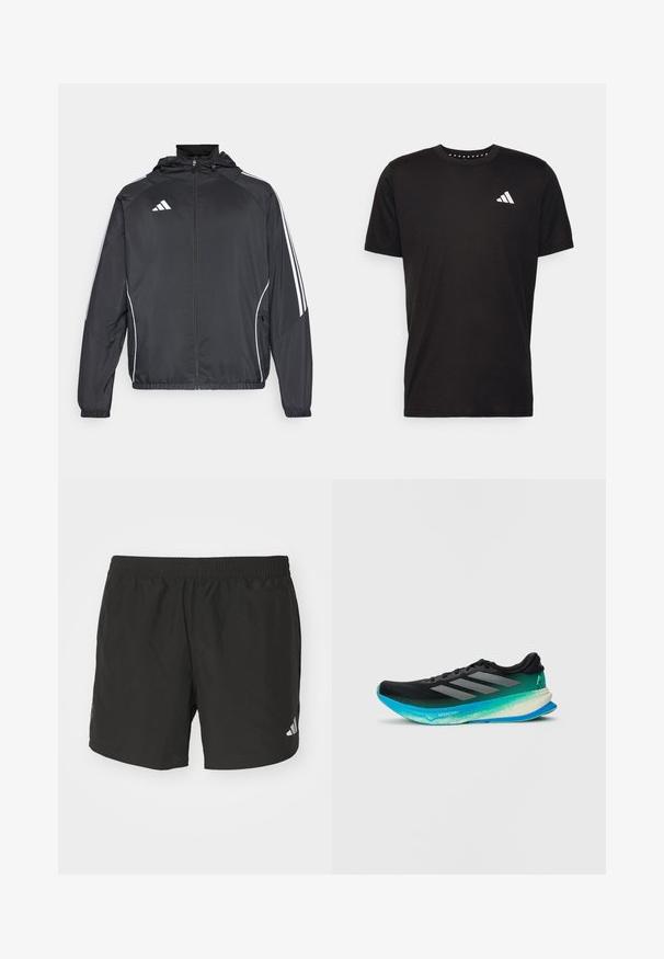 Zwarte sportjack met capuchon, voorzien van witte strepen langs de mouwen en een ritssluiting aan de voorkant. Gemaakt van een gladde, luchtige stof.; Zwarte katoenen t-shirt met korte mouwen, ronde hals en een wit logo op de linkerkant van de borst. Gladde textuur en eenvoudig ontwerp.; Zwarte sportieve shorts met een elastische tailleband, zijsplits en reflecterende logo-accenten. Gemaakt van lichte, gladde stof.; Zwarte hardloopschoen met een verloop in aquakleurige zool, bovenwerk van mesh en drie zilveren strepen aan de zijkant. Lichtgewicht ontwerp met een gestructureerde afwerking.