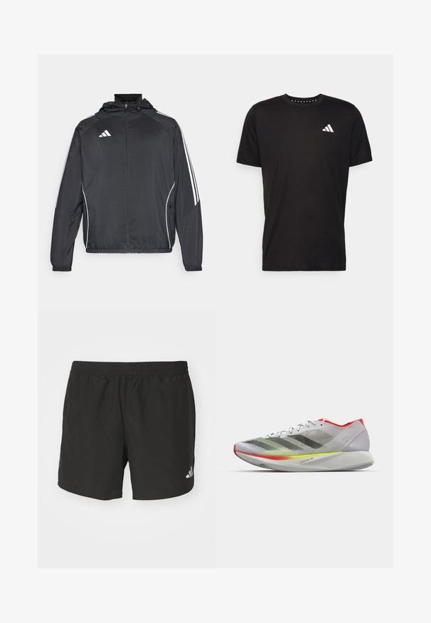 Giacca atletica nera con cappuccio, caratterizzata da strisce bianche lungo le maniche e chiusura con zip frontale. Realizzata in un tessuto liscio e leggero.; T-shirt in cotone nero con maniche corte, scollo rotondo e logo bianco sul lato sinistro del petto. Texture liscia e design semplice.; Pantaloni corti sportivi neri con vita elastica, fessure laterali e dettagli riflettenti del logo. Realizzati in un tessuto leggero e liscio.; Scarpa da corsa leggera con tomaia in rete grigia, strisce nere e gialle, dettagli rossi e una suola testurizzata con tecnologia LIGHTSTRIKE PRO.