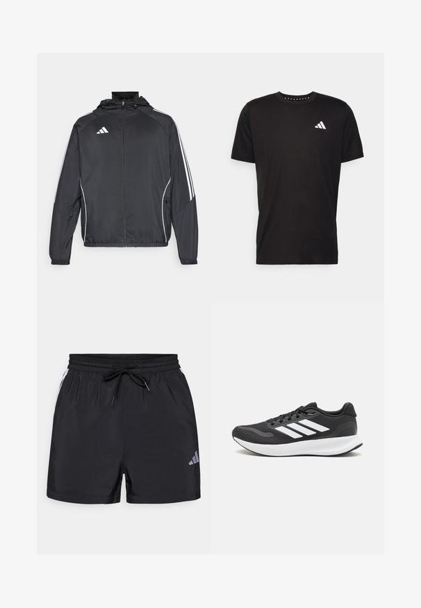 Fekete sportos dzseki kapucnival, fehér csíkokkal az ujjak mentén és cipzáras elülső résszel. Simább, könnyű anyagból készült.; Fekete pamut póló rövid ujjal, kerek nyakkivágással, bal mellrészen fehér logóval. Sima textúra és egyszerű dizájn.; Fekete sportnadrág, elasztikus derékkal, zsinórral, fehér oldalsávokkal. A bal alsó lábszáron egy kis szürke logó található.; Fekete sportcipő légáteresztő hálós felsőrésszel, fehér kiegészítőkkel és párnázott talppal. Az oldalon három csíkkal ellátott logó található.