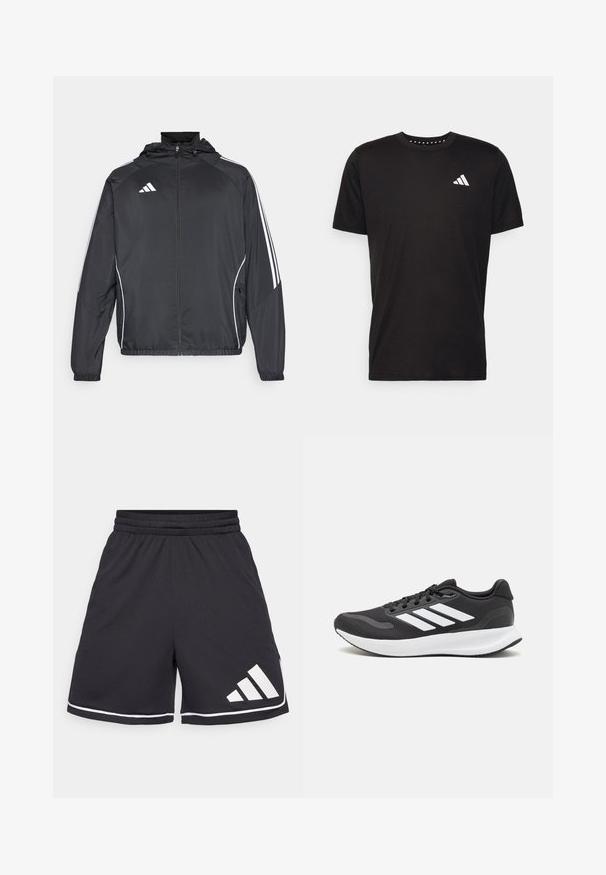 Juodas sportinis džemperis su kapišonu, turintis baltas juosteles palei rankoves ir užtrauktuką priekyje. Pagamintas iš lygaus, lengvo audinio.; Juodas medvilnės marškinėliai trumpomis rankovėmis, su apvalia iškirpte ir balta logo kairiajame krūtinės šone. Lygus tekstūra ir paprastas dizainas.; Juodos sportinės šortai su elastingu juosmeniu, baltais akcentais ir įstrižo trijų juostelių logotipu apatinėje kairėje pusėje. Textūruotas audinys.; Juodas sportinis batelis su orui pralaidžia mėgintuvėliu, baltomis akcentais ir paminkštintu padu. Šone yra trijų juostų logotipas.