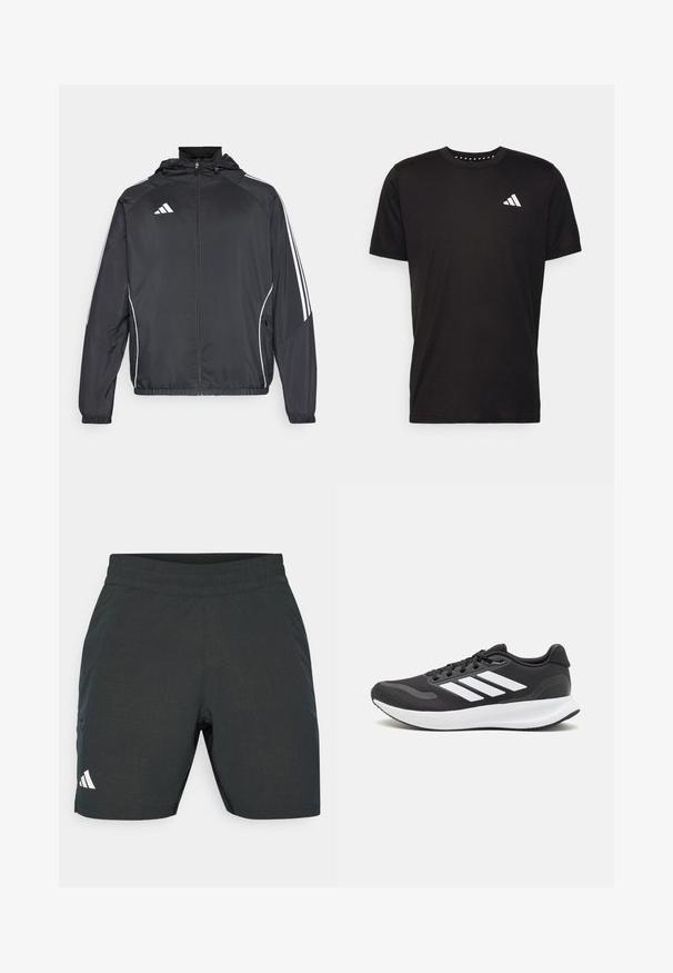 Svart idrottsjacka med huva, med vita ränder längs ärmarna och dragkedja framtill. Tillverkad av ett mjukt, lätt material.; Svart bomullströja med korta ärmar, rundad halsringning och en vit logotyp på vänster bröst. Slät textur och enkelt design.; Svart atletiska shorts med en strukturerad mönster, elastisk midjeband och sidofickor. Har en vit logotyp på nedre vänstra sidan.; Svart atletisk sko med andningsbar mesh-överdel, vita detaljer och en dämpad sula. Har tre ränder logo på sidan.