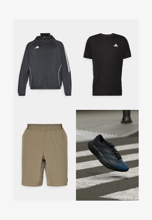 Juodas sportinis džemperis su kapišonu, turintis baltas juosteles palei rankoves ir užtrauktuką priekyje. Pagamintas iš lygaus, lengvo audinio.; Juodas medvilnės marškinėliai trumpomis rankovėmis, su apvalia iškirpte ir balta logo kairiajame krūtinės šone. Lygus tekstūra ir paprastas dizainas.; Kaki šortai su minkšta tekstūra, elastinga juosta, ant kurios yra užrašas "BJORN" toninėje spalvoje, ir šoninės ventiliacijos angos.; Juodos ir mėlynos spalvų sportinė batus su aptakiu dizainu, tekstūruotu viršumi, kontrastingomis juostelėmis ir paminkštinta padu, kybantis virš šaligatvio.