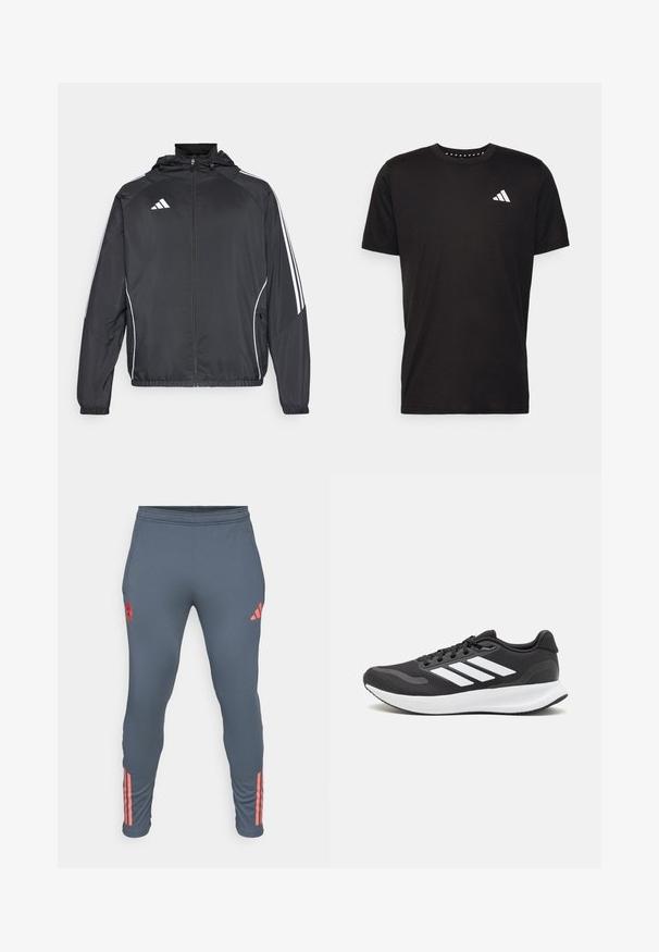 Czarna sportowa kurtka z kapturem, z białymi paskami wzdłuż rękawów i zasuwanym przodem. Wykonana z gładkiego, lekkiego materiału.; Czarna bawełniana koszulka z krótkim rękawem, okrągłym dekoltem i białym logo na lewej piersi. Gładka tekstura i prosty design.; Szare spodnie sportowe z elastycznym pasem, bocznymi kieszeniami oraz różowymi trzema paskami na nogawkach. Charakteryzują się okrągłym logo na lewej udzie.; Czarne buty sportowe z oddychającą siateczką, białymi akcentami i wyściełaną podeszwą. Posiadają logo w postaci trzech pasków po boku.