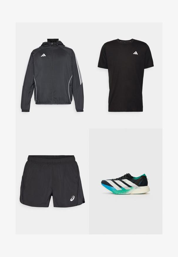 Veste de sport noire avec capuche, présentant des bandes blanches le long des manches et un devant zippé. Fabriquée en tissu léger et lisse.; T-shirt en coton noir à manches courtes, décolleté rond et logo blanc sur la poitrine gauche. Texture lisse et design simple.; Shorts de sport noirs avec une taille élastique, présentant une fente sur le côté et un logo blanc en bas à droite. Texture légère et lisse.; Chaussure de sport noire avec des rayures blanches, des accents vert turquoise et une semelle dégradée allant du bleu au vert. Design léger avec un dessus texturé.