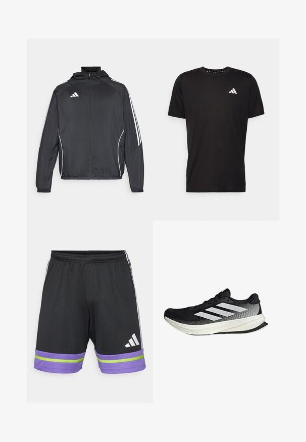 Czarna sportowa kurtka z kapturem, z białymi paskami wzdłuż rękawów i zasuwanym przodem. Wykonana z gładkiego, lekkiego materiału.; Czarna bawełniana koszulka z krótkim rękawem, okrągłym dekoltem i białym logo na lewej piersi. Gładka tekstura i prosty design.; Czarne spodenki sportowe z fioletowym i zielonym paskiem na dolnym brzegu, z elastycznym paskiem w talii i białym logo Adidas.; Czarny but sportowy z siateczkowym wzorem, z białymi paskami, zaokrąglonym noskiem i teksturowaną podeszwą dla lepszej przyczepności i wsparcia.