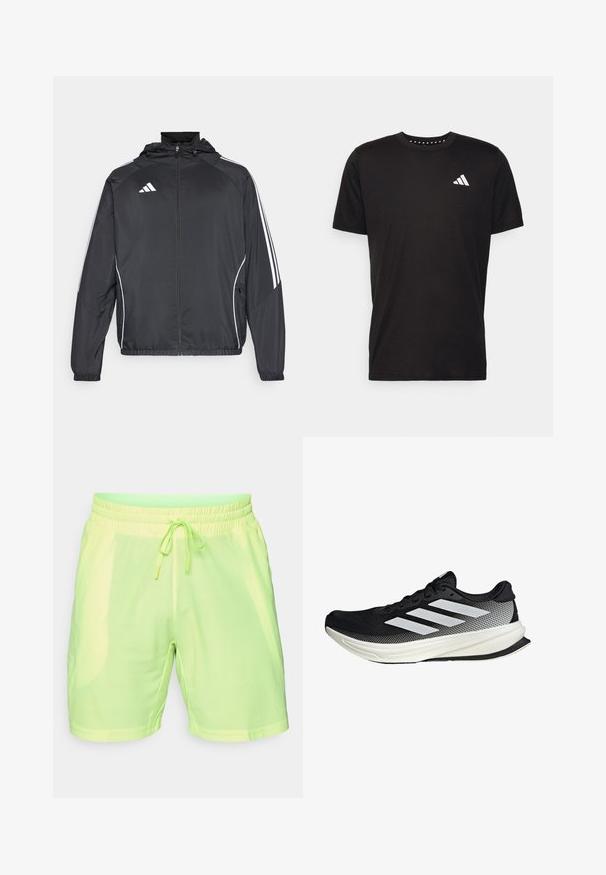 Zwarte sportjack met capuchon, voorzien van witte strepen langs de mouwen en een ritssluiting aan de voorkant. Gemaakt van een gladde, luchtige stof.; Zwarte katoenen t-shirt met korte mouwen, ronde hals en een wit logo op de linkerkant van de borst. Gladde textuur en eenvoudig ontwerp.; Limoengroene sportshorts gemaakt van lichtgewicht, ademend meshmateriaal met een elastische tailleband en een trekkoord. Heeft een gestructureerd patroon.; Zwarte sportieve schoen met een mesh ontwerp, voorzien van witte strepen, een ronde neus en een gestructureerde zool voor grip en ondersteuning.