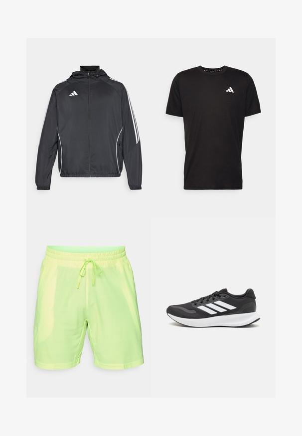 Črna športna jakna s kapuco, z belimi črtami ob rokavih in z zadrgo spredaj. Narejena iz gladkega, lahkega materiala.; Črna bombažna majica s kratkimi rokavi, okroglim izrezom in belim logotipom na levem prsnem predelu. Gladka tekstura in preprost dizajn.; Limeta zeleni športni šorts iz lahkega, zračnega mrežastega materiala z elastičnim pasom in vezalko. Ima teksturiran vzorec.; Črne športne čevlje z zračnim mrežastim zgornjim delom, belimi akcenti in oblazinjeno podplatom. Imajo tri črte logo na strani.