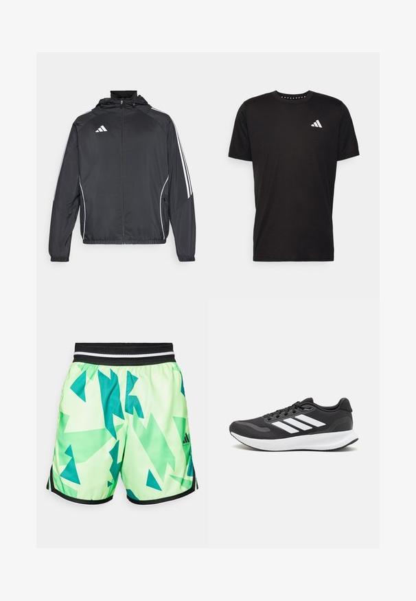 Veste de sport noire avec capuche, présentant des bandes blanches le long des manches et un devant zippé. Fabriquée en tissu léger et lisse.; T-shirt en coton noir à manches courtes, décolleté rond et logo blanc sur la poitrine gauche. Texture lisse et design simple.; Shorts vert lime avec un motif géométrique teal, dotés d'une ceinture élastique noire avec des rayures blanches et des accents latéraux noirs.; Baskets de sport noires avec tige en mesh respirant, accents blancs et semelle rembourrée. Présente le logo à trois bandes sur le côté.