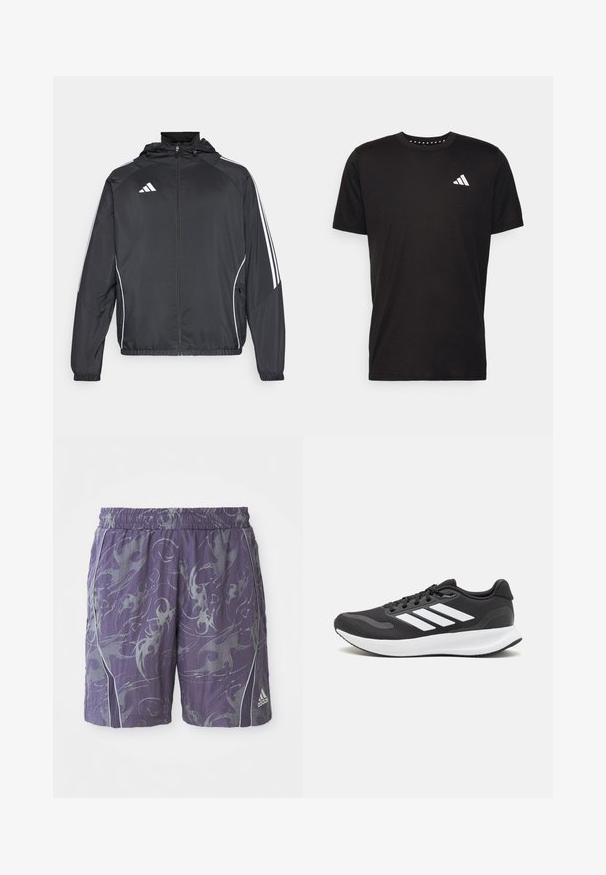 Svart idrottsjacka med huva, med vita ränder längs ärmarna och dragkedja framtill. Tillverkad av ett mjukt, lätt material.; Svart bomullströja med korta ärmar, rundad halsringning och en vit logotyp på vänster bröst. Slät textur och enkelt design.; Lila träningsshorts med abstrakta silvermönster, elastisk midja, sidopiping och Adidas-logotyp på nedre högra benet.; Svart atletisk sko med andningsbar mesh-överdel, vita detaljer och en dämpad sula. Har tre ränder logo på sidan.