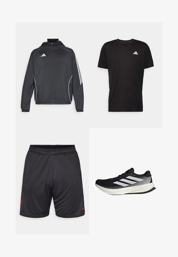 Musta urheilu takki hupulla, jossa on valkoiset raidat hihoissa ja vetoketjuzulu etupuolella. Valmistettu sileästä, kevyestä kankaasta.; Musta puuvillapaita lyhyillä hihoilla, pyöreä pääntie ja valkoinen logo vasemmassa rinnassa. Sujuva rakenne ja yksinkertainen muotoilu.; Mustat urheilushortsit, joissa on joustava vyötärö, punaisella logolla sivulla ja sileä, kevyt kangas. Taskuja ei ole näkyvillä.; Musta urheilukengä, jossa on verkkomaisia yksityiskohtia, valkoiset raidat, pyöristetty kärki ja pintakuvioitu pohja pidon ja tuen tarjoamiseksi.