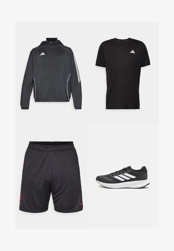 Juodas sportinis džemperis su kapišonu, turintis baltas juosteles palei rankoves ir užtrauktuką priekyje. Pagamintas iš lygaus, lengvo audinio.; Juodas medvilnės marškinėliai trumpomis rankovėmis, su apvalia iškirpte ir balta logo kairiajame krūtinės šone. Lygus tekstūra ir paprastas dizainas.; Juodi sportiniai šortai su elastine juosmens juosta, su raudonu logotipu šone ir lygia, lengva medžiaga. Kišenių nematyti.; Juodas sportinis batelis su orui pralaidžia mėgintuvėliu, baltomis akcentais ir paminkštintu padu. Šone yra trijų juostų logotipas.