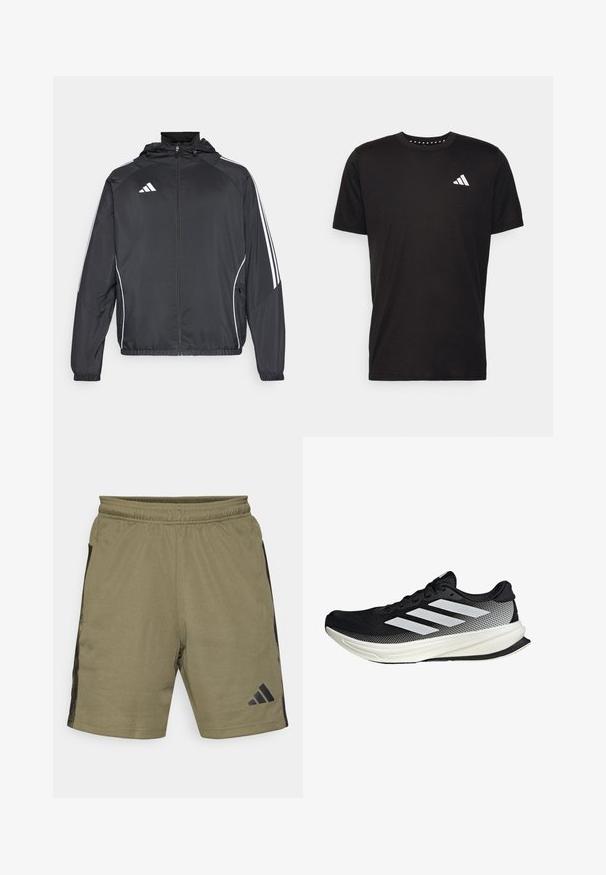 Schwarze Sportjacke mit Kapuze, ausgestattet mit weißen Streifen an den Ärmeln und einem Reißverschluss vorne. Hergestellt aus einem glatten, leichten Stoff.; Schwarzes Baumwoll-T-Shirt mit kurzen Ärmeln, Rundhalsausschnitt und einem weißen Logo auf der linken Brust. Glatte Textur und einfaches Design.; Olivgrüne Sportshorts mit elastischem Bund, schwarzen Seiteneinsätzen und Logo auf dem unteren linken Bein. Hergestellt aus einem strukturierten Stoff.; Schwarzer Sportschuh mit einem Mesh-Design, ausgestattet mit weißen Streifen, einer runden Zehenpartie und einer strukturierten Sohle für Grip und Unterstützung.