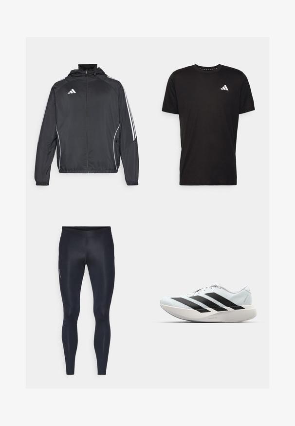 Svart idrottsjacka med huva, med vita ränder längs ärmarna och dragkedja framtill. Tillverkad av ett mjukt, lätt material.; Svart bomullströja med korta ärmar, rundad halsringning och en vit logotyp på vänster bröst. Slät textur och enkelt design.; Leggings tillverkade av elastiskt, lätt tyg i solid svart färg. Har en slät yta, åtsittande design och en elastisk midjeband.; Lätta löparskor i ljusblått med svarta ränder. Har en slät ovandel, rund tå och tjock vit mellansula märkt "LIGHTSTRIKE PRO."