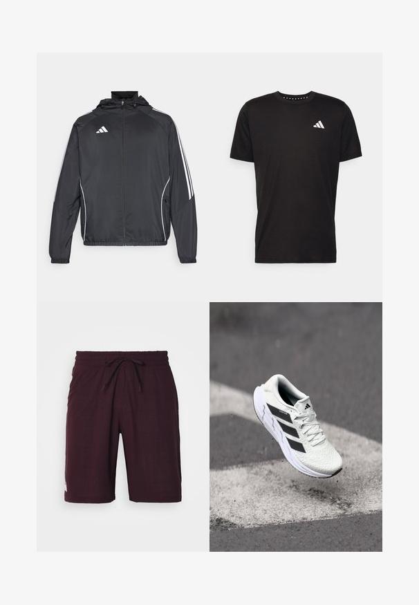 Musta urheilu takki hupulla, jossa on valkoiset raidat hihoissa ja vetoketjuzulu etupuolella. Valmistettu sileästä, kevyestä kankaasta.; Musta puuvillapaita lyhyillä hihoilla, pyöreä pääntie ja valkoinen logo vasemmassa rinnassa. Sujuva rakenne ja yksinkertainen muotoilu.; Marronhousut, jotka on valmistettu teksturoidusta kankaasta, jossa on joustava vyötärö ja nyöri, sekä pieni valkoinen logo alahelassa.; Valkoinen urheilujalkine, jossa on teksturoitu verkkomateriaali, mustat raidat, nauhakiinnitys ja pehmustettu pohja, leijuu merkittyjen tienpintojen yllä.