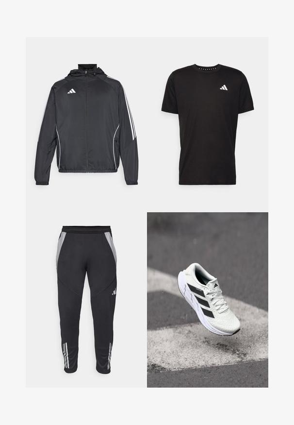 Svart sportsjakke med hette, med hvite striper langs ermene og glidelås foran. Laget av et glatt, lett stoff.; Svart bomulls t-skjorte med korte ermer, rund hals og en hvit logo på venstre bryst. Glatt tekstur og enkelt design.; Svarte treningbukser med grå sidepaneler, elastisk midjebånd og tre hvite striper nederst på bena. Laget av lett, glatt materiale.; Hvit sportsko med teksturert mesh-overdel, svarte striper, snøring og en polstret såle, svevende over en markert veidoverflate.