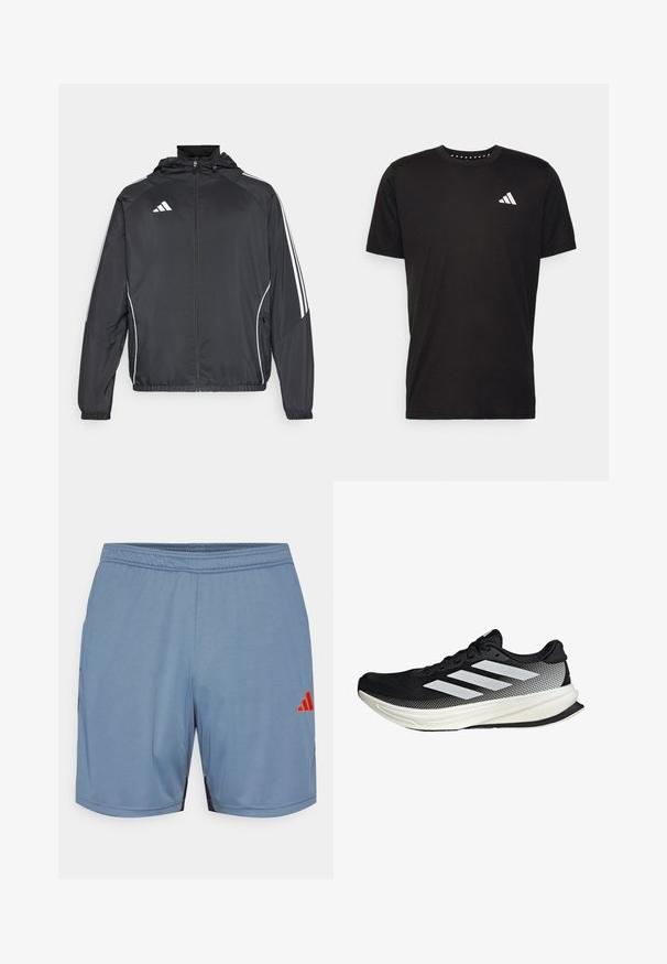 Zwarte sportjack met capuchon, voorzien van witte strepen langs de mouwen en een ritssluiting aan de voorkant. Gemaakt van een gladde, luchtige stof.; Zwarte katoenen t-shirt met korte mouwen, ronde hals en een wit logo op de linkerkant van de borst. Gladde textuur en eenvoudig ontwerp.; Lichtblauwe sportshorts met zwarte accenten aan de zijkanten, een elastische tailleband en een oranje Adidas-logo. Gemaakt van gladde, lichte stof.; Zwarte sportieve schoen met een mesh ontwerp, voorzien van witte strepen, een ronde neus en een gestructureerde zool voor grip en ondersteuning.