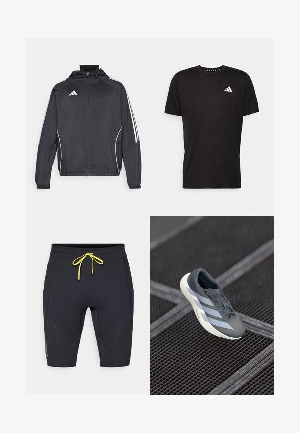 Črna športna jakna s kapuco, z belimi črtami ob rokavih in z zadrgo spredaj. Narejena iz gladkega, lahkega materiala.; Črna bombažna majica s kratkimi rokavi, okroglim izrezom in belim logotipom na levem prsnem predelu. Gladka tekstura in preprost dizajn.; Črne atletske kratke hlače z oprijetim dizajnom. Imajo rumeno vrvico, perforirane detajle na straneh in HOKA logotip blizu roba.; Športna obutev v sivi in beli barvi, izdelana iz sintetičnega materiala, z aerodinamičnim dizajnom, teksturirano površino in izrazitim sistemom vezalk.