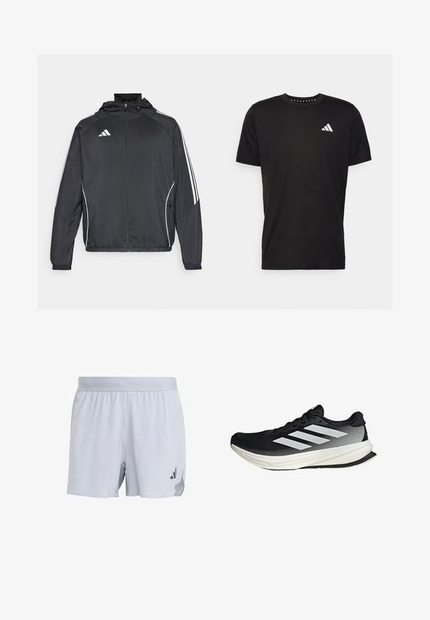 Musta urheilu takki hupulla, jossa on valkoiset raidat hihoissa ja vetoketjuzulu etupuolella. Valmistettu sileästä, kevyestä kankaasta.; Musta puuvillapaita lyhyillä hihoilla, pyöreä pääntie ja valkoinen logo vasemmassa rinnassa. Sujuva rakenne ja yksinkertainen muotoilu.; Harmaat urheilusortsit, jotka on valmistettu hengittävästä kankaasta. Niissä on teksturoitu pinta, joustava vyötärö ja musta logo-aksentti sivulla.; Musta urheilukengä, jossa on verkkomaisia yksityiskohtia, valkoiset raidat, pyöristetty kärki ja pintakuvioitu pohja pidon ja tuen tarjoamiseksi.