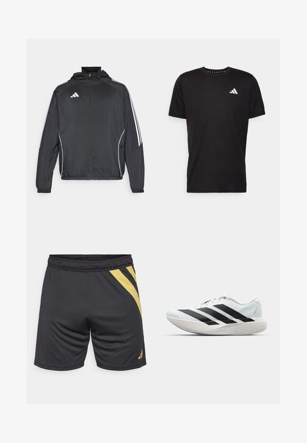 Črna športna jakna s kapuco, z belimi črtami ob rokavih in z zadrgo spredaj. Narejena iz gladkega, lahkega materiala.; Črna bombažna majica s kratkimi rokavi, okroglim izrezom in belim logotipom na levem prsnem predelu. Gladka tekstura in preprost dizajn.; Črne športne kratke hlače z rumenim diagonalnim pasom, elastičnim pasom in gladko teksturo, primerne za šport in telovadbo.; Lahki tekaški čevlji v svetlo modri barvi z belimi črtami. Imajo gladek zgornji del, okroglo kapico in debel bel srednji podplat z označbo "LIGHTSTRIKE PRO."