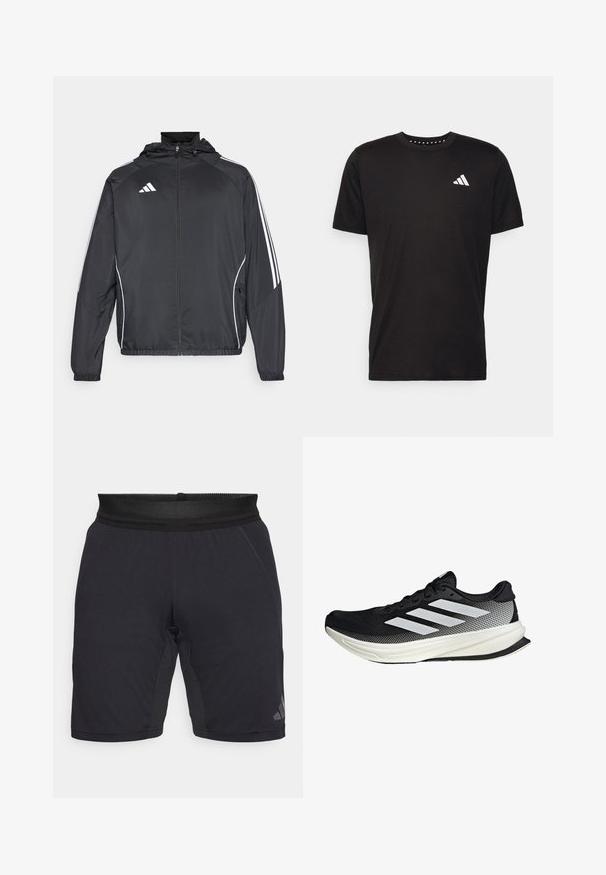Musta urheilu takki hupulla, jossa on valkoiset raidat hihoissa ja vetoketjuzulu etupuolella. Valmistettu sileästä, kevyestä kankaasta.; Musta puuvillapaita lyhyillä hihoilla, pyöreä pääntie ja valkoinen logo vasemmassa rinnassa. Sujuva rakenne ja yksinkertainen muotoilu.; Mustat urheilushortsit, jotka on valmistettu kevyestä kankaasta, sisältävät hengittävän verkkovetskareunan, sivusaumat ja huomaamattoman logon helman lähellä.; Musta urheilukengä, jossa on verkkomaisia yksityiskohtia, valkoiset raidat, pyöristetty kärki ja pintakuvioitu pohja pidon ja tuen tarjoamiseksi.