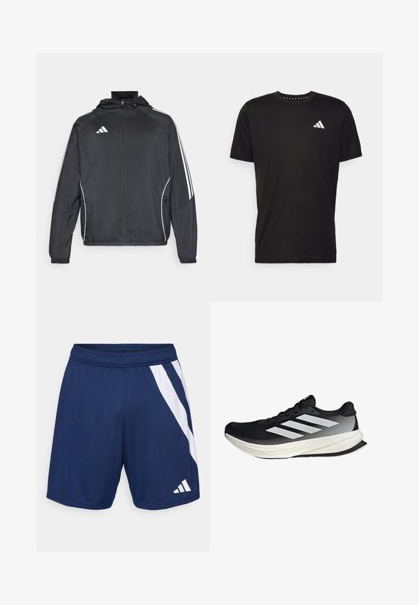 Svart idrottsjacka med huva, med vita ränder längs ärmarna och dragkedja framtill. Tillverkad av ett mjukt, lätt material.; Svart bomullströja med korta ärmar, rundad halsringning och en vit logotyp på vänster bröst. Slät textur och enkelt design.; Marinblå idrottsshorts med en vit diagonal randdesign. Tillverkade av lätt tyg, med elastisk midja och logodetalj.; Svart atletisk sko med nätmönster, som har vita ränder, rund tå och en strukturerad sula för grepp och stöd.