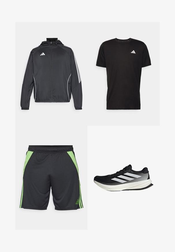 Black athletic jacket with a hood, featuring white stripes along the sleeves and a zippered front. Made from a smooth, lightweight fabric.; Black cotton t-shirt with short sleeves, crew neckline, and a white logo on the left chest. Smooth texture and simple design.; Black athletic shorts with green side accents and stripes. Made of lightweight material, featuring an elastic waistband for comfort.; Black athletic shoe with a mesh design, featuring white stripes, a rounded toe, and a textured sole for grip and support.