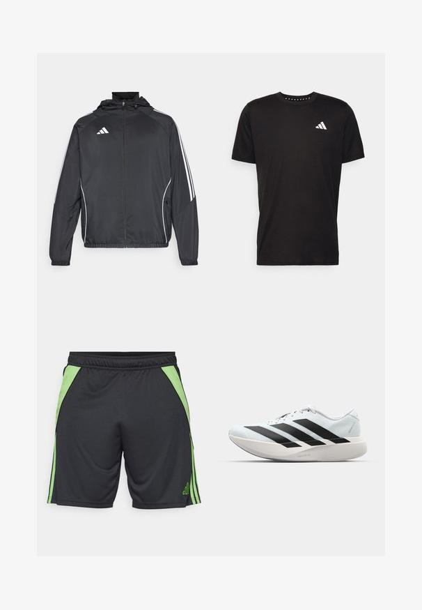 Black athletic jacket with a hood, featuring white stripes along the sleeves and a zippered front. Made from a smooth, lightweight fabric.; Black cotton t-shirt with short sleeves, crew neckline, and a white logo on the left chest. Smooth texture and simple design.; Black athletic shorts with green side accents and stripes. Made of lightweight material, featuring an elastic waistband for comfort.; Lightweight running shoes in pale blue with black stripes. Features a smooth upper, round toe, and thick white midsole labeled "LIGHTSTRIKE PRO."