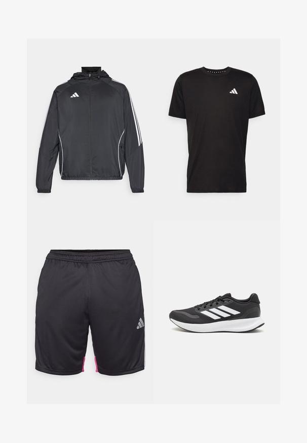 Musta urheilu takki hupulla, jossa on valkoiset raidat hihoissa ja vetoketjuzulu etupuolella. Valmistettu sileästä, kevyestä kankaasta.; Musta puuvillapaita lyhyillä hihoilla, pyöreä pääntie ja valkoinen logo vasemmassa rinnassa. Sujuva rakenne ja yksinkertainen muotoilu.; Mustat urheilushortsit, joissa on joustava vyötärö, vaaleanpunaiset yksityiskohdat sivuilla ja hopea Adidas-logo vasemmassa alareunassa.; Mustat urheilukengät hengittävällä verkkosella yläosalla, valkoisilla yksityiskohdilla ja pehmustetulla pohjalla. Sivussa on kolme raitaa -logo.