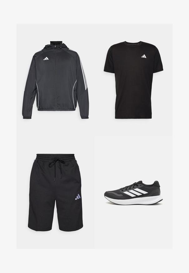 Černá sportovní bunda s kapucí, s bílými pruhy podél rukávů a s předním zipem. Vyrobena z hladkého, lehkého materiálu.; Černé bavlněné tričko s krátkým rukávem, kulatým výstřihem a bílým logem na levé hrudi. Hladká textura a jednoduchý design.; Černé sportovní šortky z měkkého, prodyšného materiálu. Obsahují elastický pas se šňůrkou a výrazné šikmé logo.; Černá sportovní obuv s prodyšným síťovaným svrškem, bílými akcenty a polstrovanou podrážkou. Na boku se nachází logo se třemi pruhy.