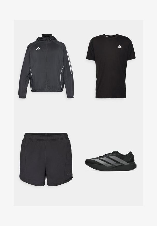 Casaco atlético preto com capuz, apresentando riscas brancas ao longo das mangas e um fecho éclair na frente. Fabricado em um tecido liso e leve.; T-shirt de algodão preto com mangas curtas, decote redondo e um logo branco no lado esquerdo do peito. Textura suave e design simples.; Calções atléticos pretos com cintura elástica e logo discreto da Adidas na perna esquerda, apresentados contra um fundo branco simples.; Sapatilhas desportivas pretas com um design leve, apresentando três faixas cinzas proeminentes, uma textura suave e uma sola contornada.