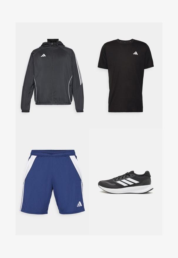 Fekete sportos dzseki kapucnival, fehér csíkokkal az ujjak mentén és cipzáras elülső résszel. Simább, könnyű anyagból készült.; Fekete pamut póló rövid ujjal, kerek nyakkivágással, bal mellrészen fehér logóval. Sima textúra és egyszerű dizájn.; Tengerészeti sportnadrág fehér oldalsávokkal, rugalmas derékkal és logóval az alsó szegélynél. Könnyű, légáteresztő anyagból készült.; Fekete sportcipő légáteresztő hálós felsőrésszel, fehér kiegészítőkkel és párnázott talppal. Az oldalon három csíkkal ellátott logó található.