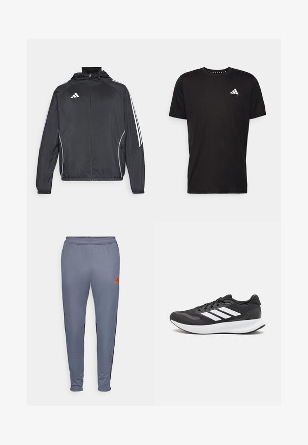 Veste de sport noire avec capuche, présentant des bandes blanches le long des manches et un devant zippé. Fabriquée en tissu léger et lisse.; T-shirt en coton noir à manches courtes, décolleté rond et logo blanc sur la poitrine gauche. Texture lisse et design simple.; Pantalons de sport gris à coupe ajustée, avec des panneaux latéraux noirs et un logo Adidas orange sur la cuisse droite. Matériau doux et extensible.; Baskets de sport noires avec tige en mesh respirant, accents blancs et semelle rembourrée. Présente le logo à trois bandes sur le côté.