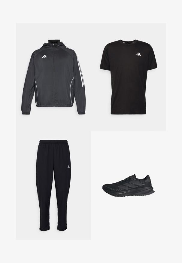 Svart sportsjakke med hette, med hvite striper langs ermene og glidelås foran. Laget av et glatt, lett stoff.; Svart bomulls t-skjorte med korte ermer, rund hals og en hvit logo på venstre bryst. Glatt tekstur og enkelt design.; Sorte idretts bukser laget av lett materiale, med elastisk midjebånd, avsmalnende ben og en liten logo på venstre lår.; Svart Adidas løpesko med Gore-Tex-overdel, tre striper på siden, og "Dreamstrike" på sålen, sett fra utsiden.
