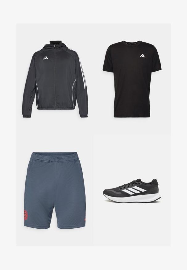 Jachetă sport neagră cu glugă, decorată cu dungi albe pe mâneci și cu fermoar în față. Fabricată dintr-un material neted și ușor.; Tricou negru din bumbac, cu mâneci scurte, de tip crew neckline, cu un logo alb pe pieptul stâng. Textură netedă și design simplu.; Pantaloni scurți de fotbal gri cu elastic în talie, având un logo brodat roșu al echipei Bayern Munich pe partea inferioară stângă. Material moale și ușor.; Pantof cu aspect sport de culoare neagră, cu un upper din plasă respirabilă, accente albe și o talpă amortizată. Include logo-ul cu trei dungi pe lateral.