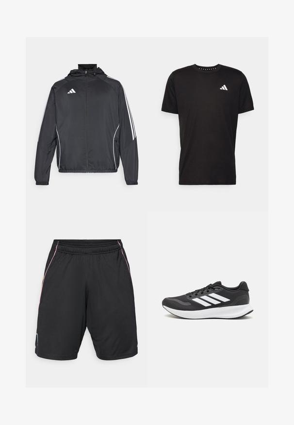 Črna športna jakna s kapuco, z belimi črtami ob rokavih in z zadrgo spredaj. Narejena iz gladkega, lahkega materiala.; Črna bombažna majica s kratkimi rokavi, okroglim izrezom in belim logotipom na levem prsnem predelu. Gladka tekstura in preprost dizajn.; Črne športne kratke hlače z elastičnim pasom, ki imajo roza in rumene stranske dodatke ter majhen moder logo na levem robu.; Črne športne čevlje z zračnim mrežastim zgornjim delom, belimi akcenti in oblazinjeno podplatom. Imajo tri črte logo na strani.