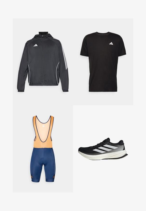 Musta urheilu takki hupulla, jossa on valkoiset raidat hihoissa ja vetoketjuzulu etupuolella. Valmistettu sileästä, kevyestä kankaasta.; Musta puuvillapaita lyhyillä hihoilla, pyöreä pääntie ja valkoinen logo vasemmassa rinnassa. Sujuva rakenne ja yksinkertainen muotoilu.; Siniset pyöräilybibit, joissa on oranssit verkkosangat, pehmustettu istuin ja kontrastivärinen logo. Ominaisuuksina on vartalonmyötäinen muotoilu ja sileä pinta.; Musta urheilukengä, jossa on verkkomaisia yksityiskohtia, valkoiset raidat, pyöristetty kärki ja pintakuvioitu pohja pidon ja tuen tarjoamiseksi.
