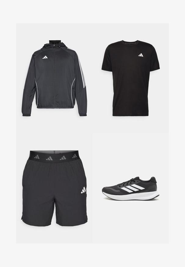 Schwarze Sportjacke mit Kapuze, ausgestattet mit weißen Streifen an den Ärmeln und einem Reißverschluss vorne. Hergestellt aus einem glatten, leichten Stoff.; Schwarzes Baumwoll-T-Shirt mit kurzen Ärmeln, Rundhalsausschnitt und einem weißen Logo auf der linken Brust. Glatte Textur und einfaches Design.; Schwarze Sportshorts aus leichtem Material. Mit einem elastischen Bund, der ein gemustertes Logo zeigt, sowie einem kleinen weißen Logo auf der linken Seite.; Schwarzer Sportschuh mit atmungsaktivem Mesh-Obermaterial, weißen Akzenten und einer gepolsterten Sohle. Mit drei Streifen-Logo an der Seite.